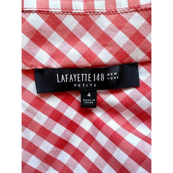 Lafayette 148 NY Petite Red White Gingham Stretch Button-Up Shirt Size 4 - Picture 7 of 8